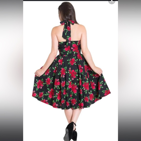 Hell Bunny Vixen XS Red Rose Floral on Black Swing, Vintage Dress Halter - Picture 8 of 9
